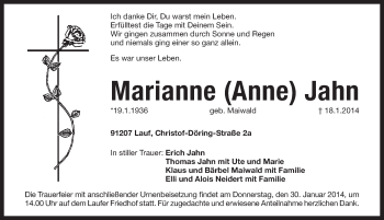 Traueranzeige von Marianne Jahn von Pegnitz-Zeitung